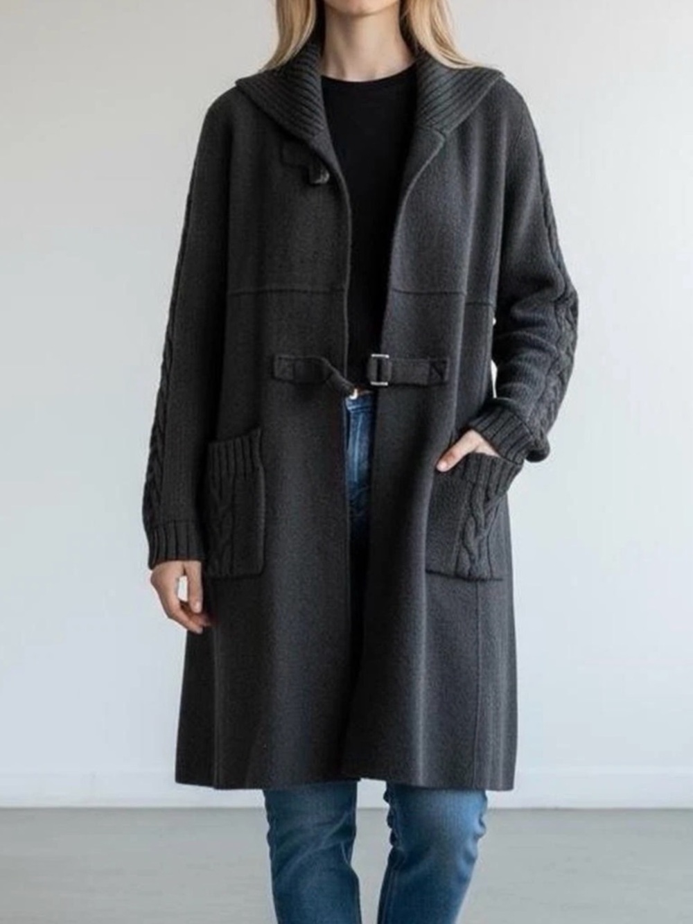 Bernardo Black Wool & Knit Sweater Coat Size L